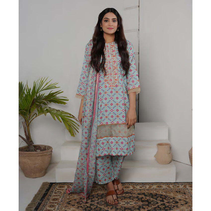 Safiya Lawn Printed Neck Embroidered Unstitched 3Pcs Suit - 1, Women, 3Pcs Shalwar Suit, Zesh Textile, Chase Value