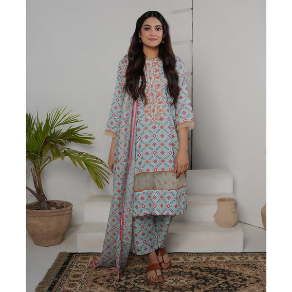 Safiya Lawn Printed Neck Embroidered Unstitched 3Pcs Suit - 1
