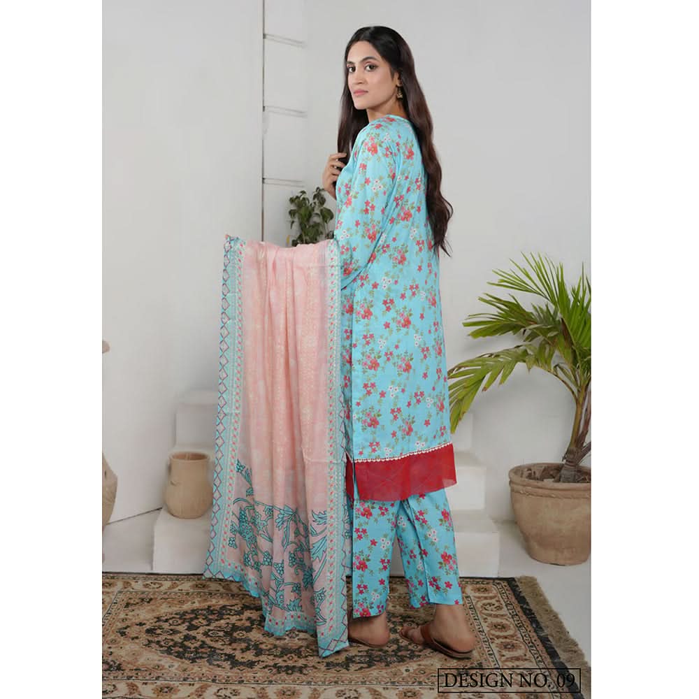 Safiya Lawn Printed Neck Embroidered Unstitched 3Pcs Suit - 4, Women, 3Pcs Shalwar Suit, Zesh Textile, Chase Value
