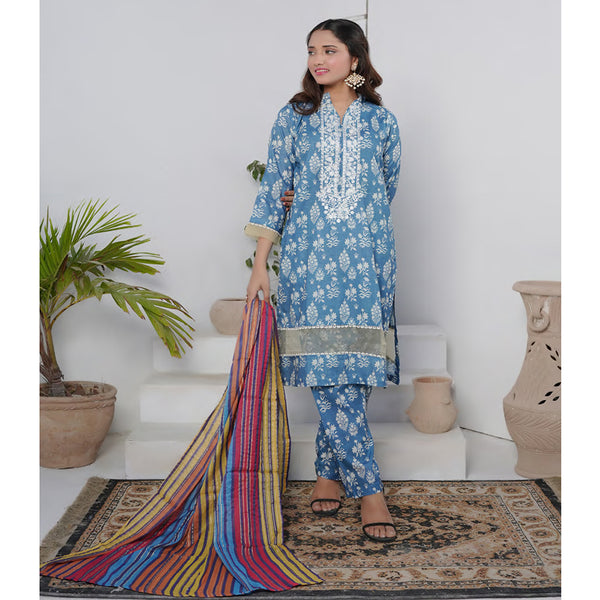 Safiya Lawn Printed Neck Embroidered Unstitched 3Pcs Suit - 2