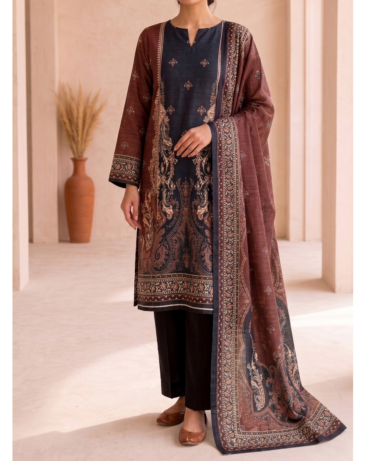 VS Shahkar Khaddar Printed Suit - 3 Pc by VS Textile