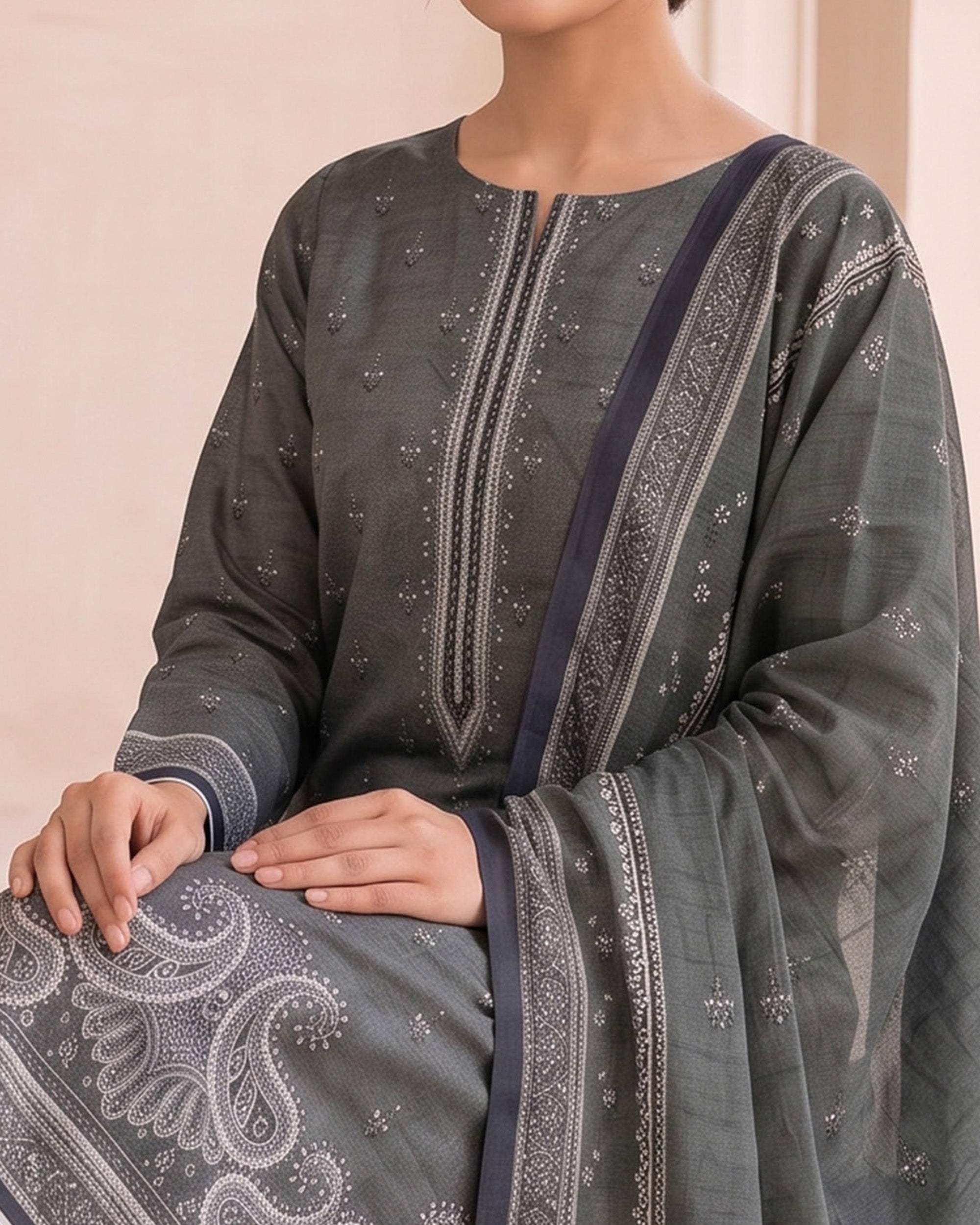 VS Shahkar Khaddar Printed Suit - 3 Pc by VS Textile
