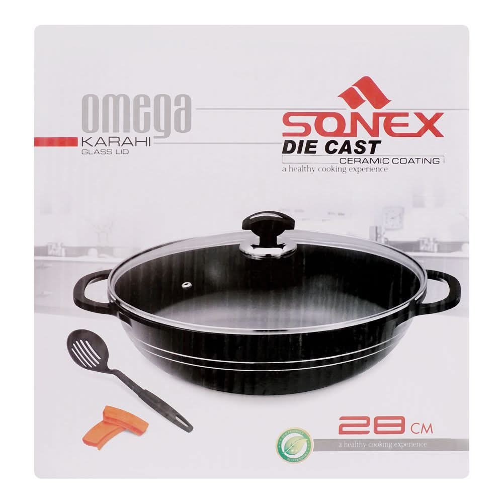 Sonex Omega Die Cast Karahi, With Glass Lid, 28cm, 52304, Cookware & Pans, Sonex, Chase Value