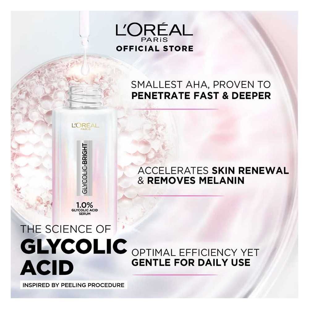 L'Oreal Paris Glycolic Bright Instant Glowing Serum, Reduces 57% Dark Spots, 30ml, Oils & Serums, Loreal, Chase Value