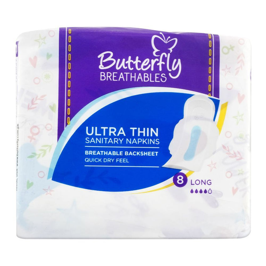 Butterfly Breathables Ultra Thin Sanitary Napkins, Dry Mesh Topsheet, Large, 8 Pads, Sanitory Napkins, Butterfly, Chase Value