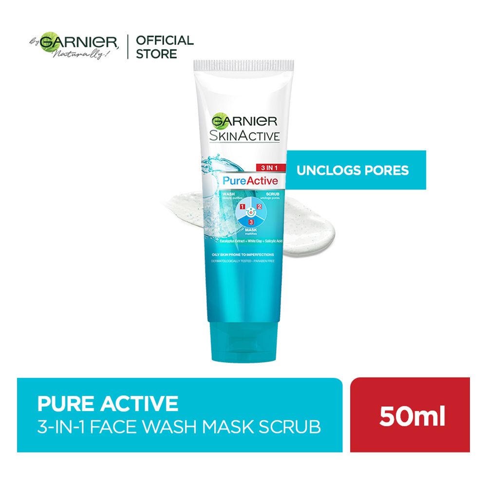 Garnier Skin Active Pure Active 3-In-1 Wash + Scrub +Mask, For Oily Skin, 50ml, Face Washes, Garnier, Chase Value