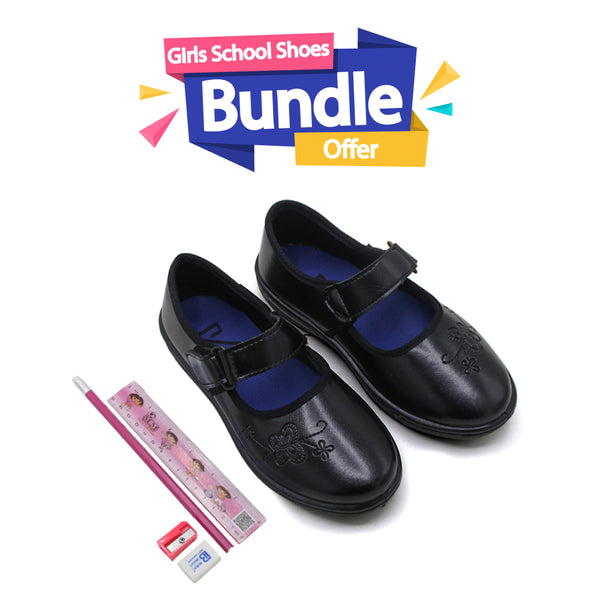 Girls Embroidery School Shoes - Black