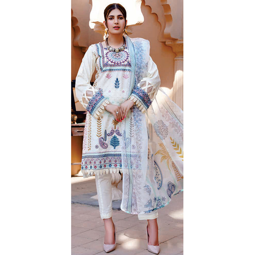 Women Kohenoor Lawn Self Jacquard Schiffli Embroidered Unstitched 3Pcs Suit - 3