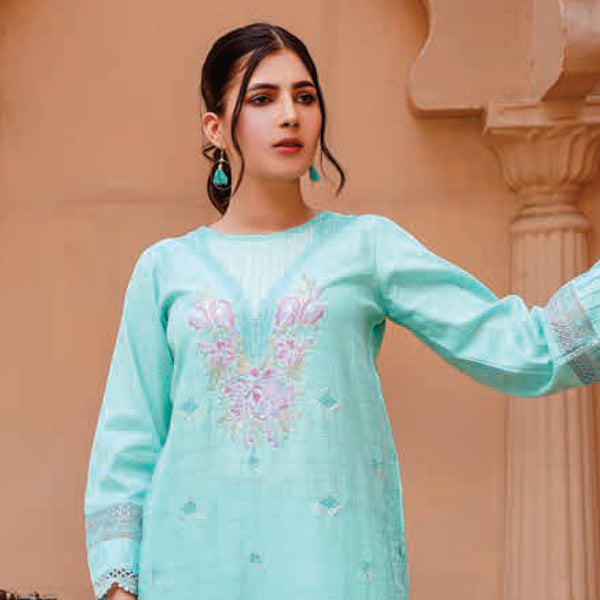 Women Kohenoor Lawn Self Jacquard Schiffli Embroidered Unstitched 3Pcs Suit - 8