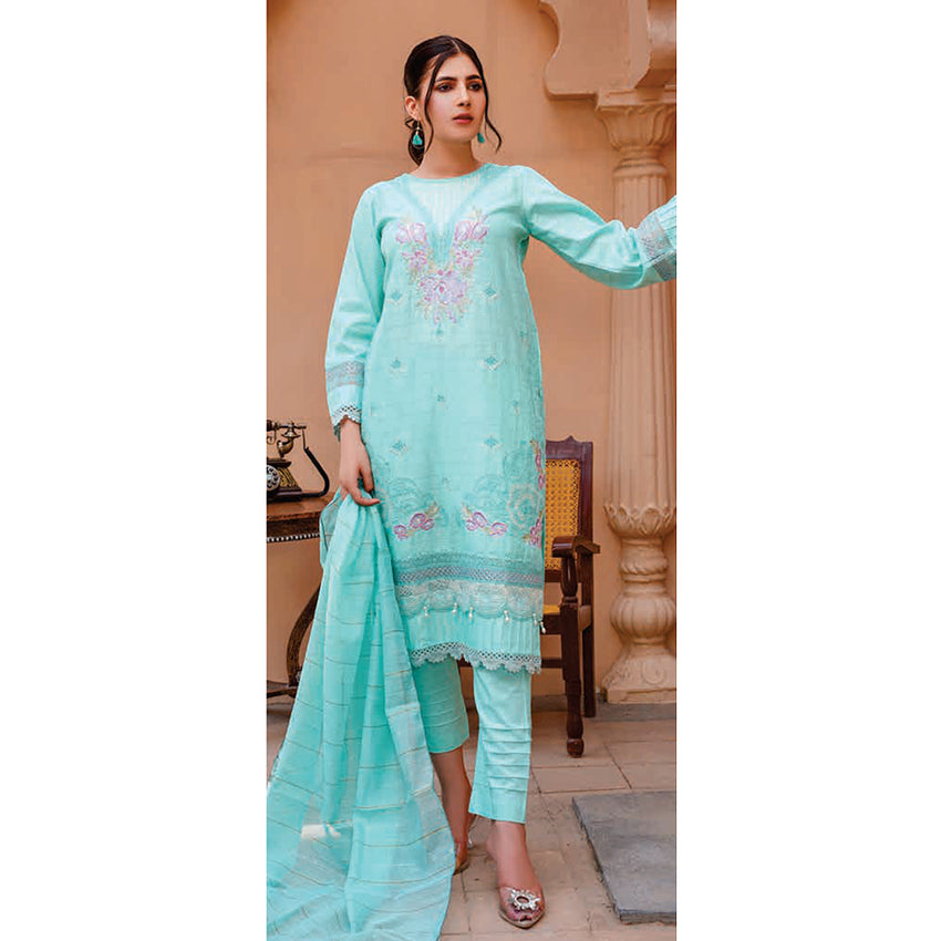 Women Kohenoor Lawn Self Jacquard Schiffli Embroidered Unstitched 3Pcs Suit - 8