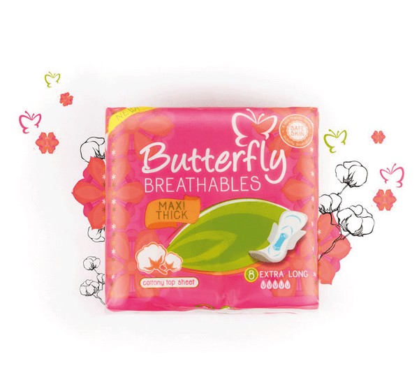 Butterfly Breathables Maxi Thick Cottony Sanitary Pads Extra Long 8 Pcs, Sanitory Napkins, Butterfly, Chase Value