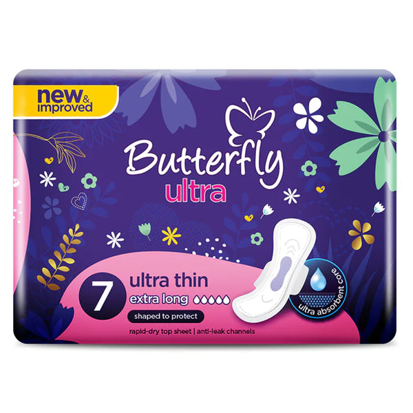 Butterfly Ultra Thin Economy Pack Sanitary Pads Extra Long 7 Pieces, Sanitory Napkins, Butterfly, Chase Value