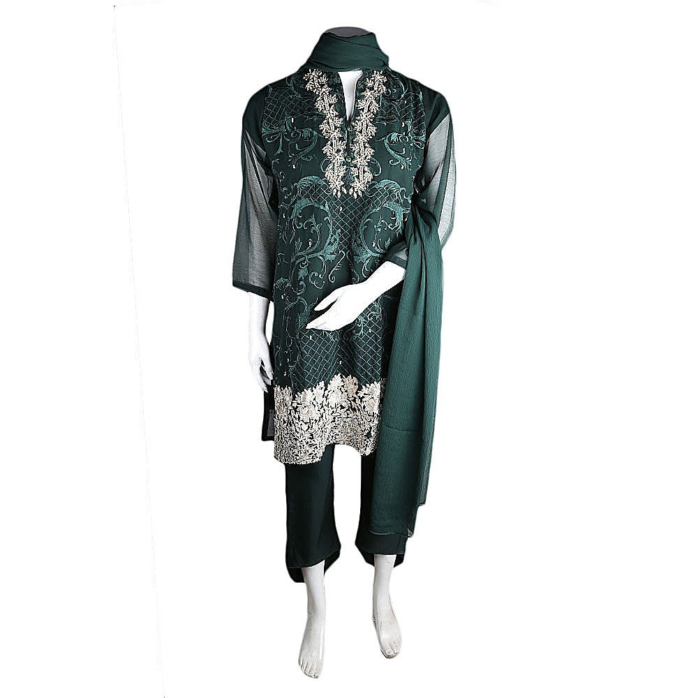 Women's Hand Work Embroidery 3 Pcs Suit - Green - test-store-for-chase-value