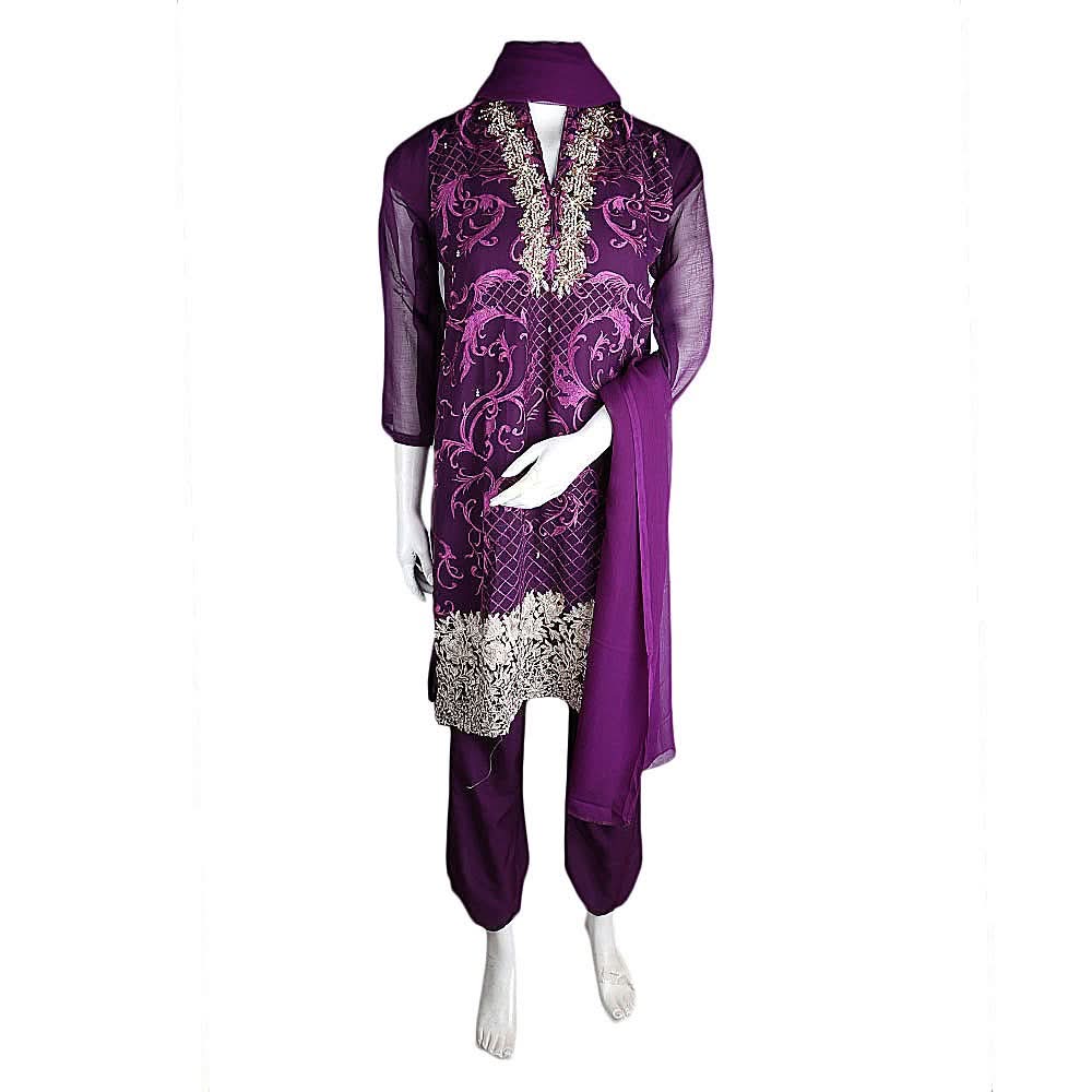 Women's Hand Work Embroidery 3 Pcs Suit - Purple - test-store-for-chase-value