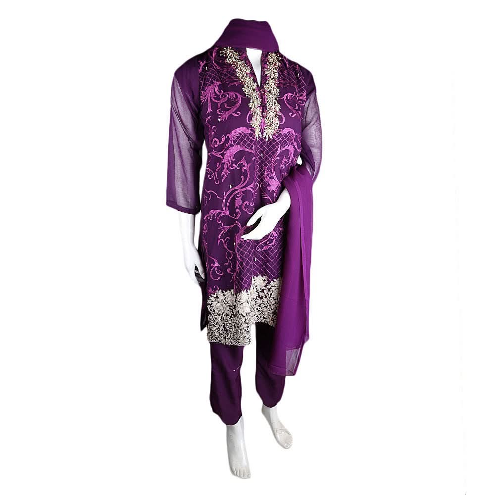 Women's Hand Work Embroidery 3 Pcs Suit - Purple - test-store-for-chase-value