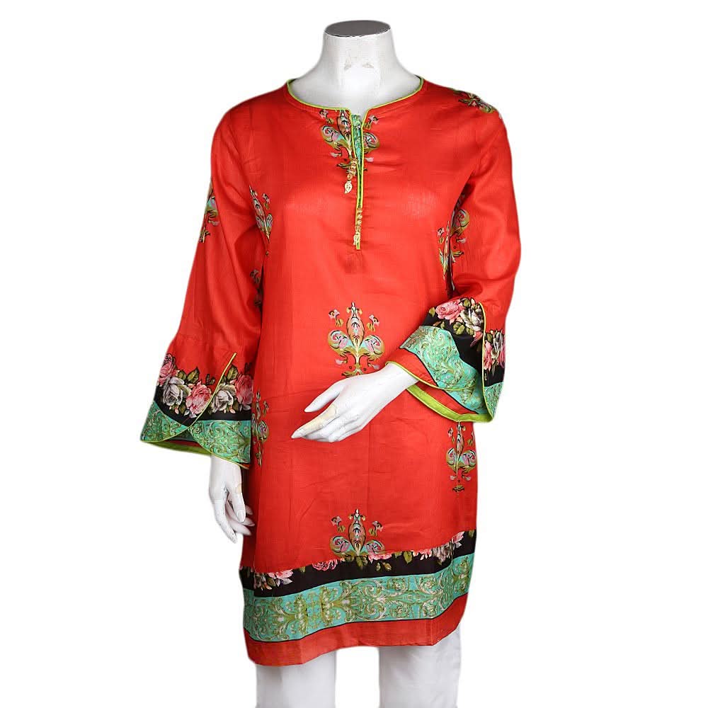 Women's Printed Lawn Kurti - Orange - test-store-for-chase-value