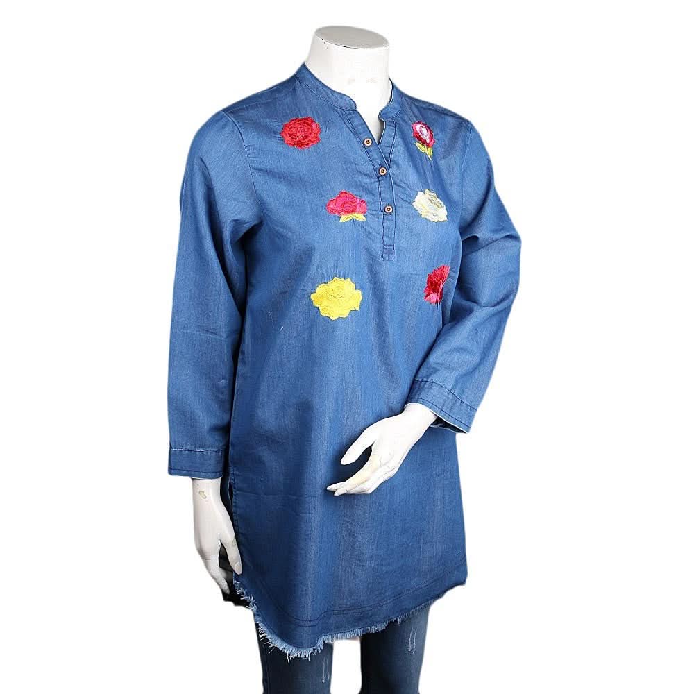 Women's Embroidered Denim Kurti - Blue - test-store-for-chase-value