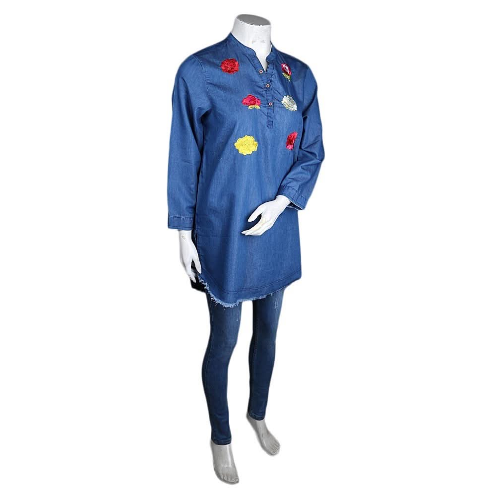 Women's Embroidered Denim Kurti - Blue - test-store-for-chase-value