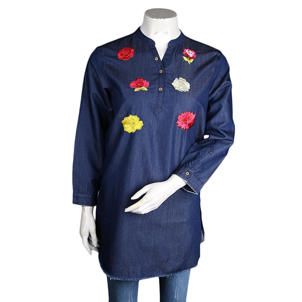 Women's Embroidered Denim Kurti - Dark-Blue - test-store-for-chase-value