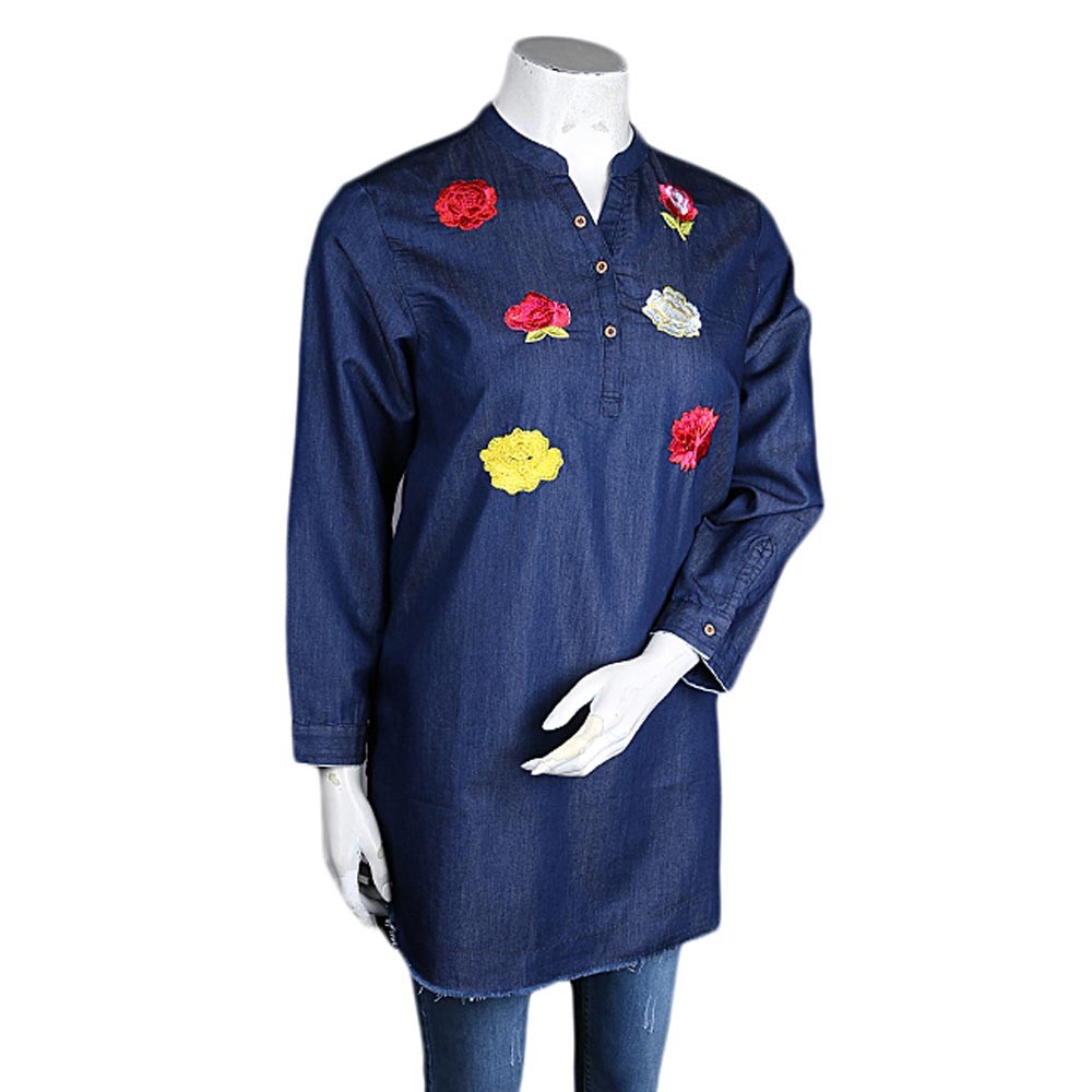 Women's Embroidered Denim Kurti - Dark-Blue - test-store-for-chase-value
