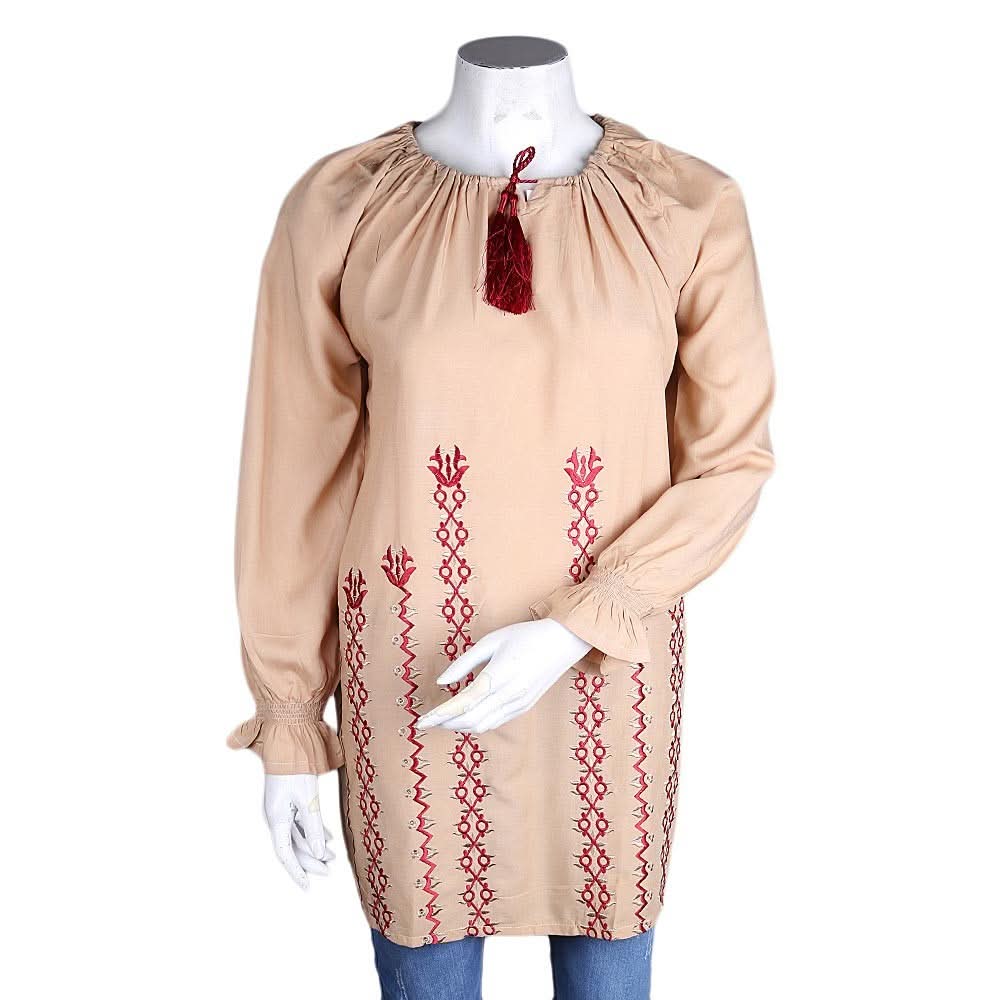 Women's Loose Fit Embroidered Kurti - Beige - test-store-for-chase-value