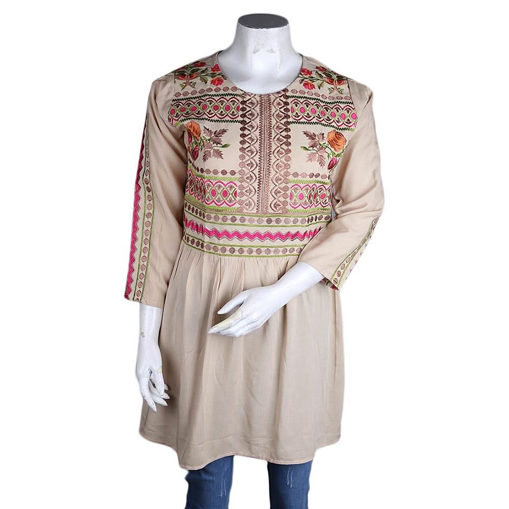 Women's Embroidered Loose Fit Kurti - Beige - test-store-for-chase-value