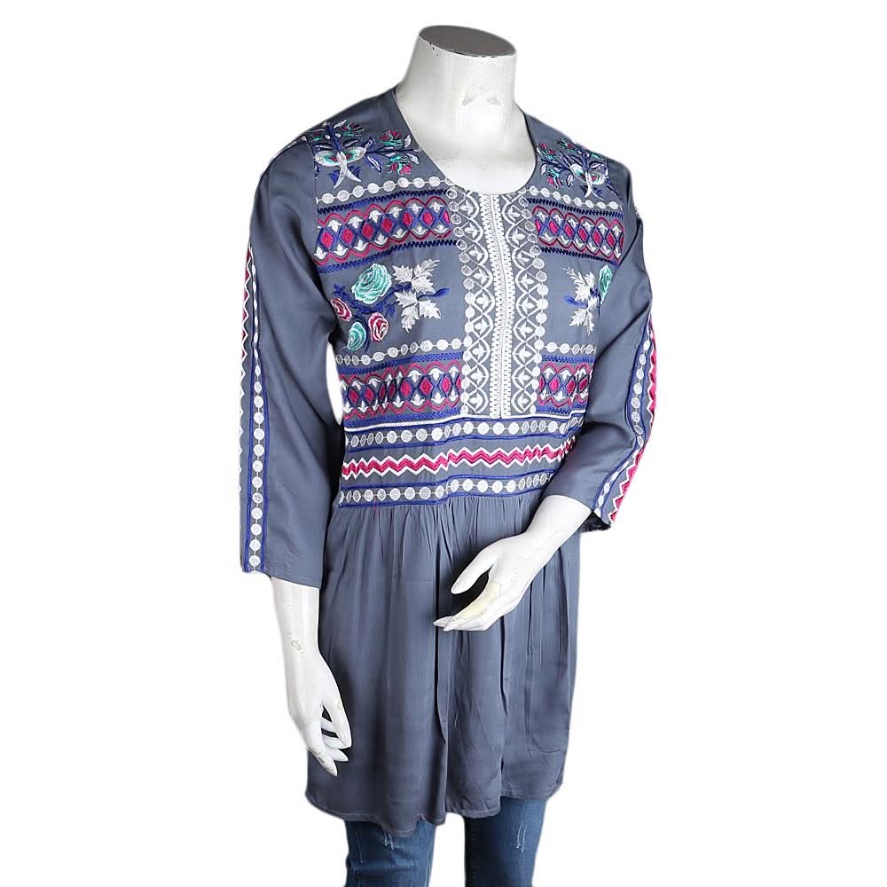 Women's Embroidered Loose Fit Kurti - Grey - test-store-for-chase-value