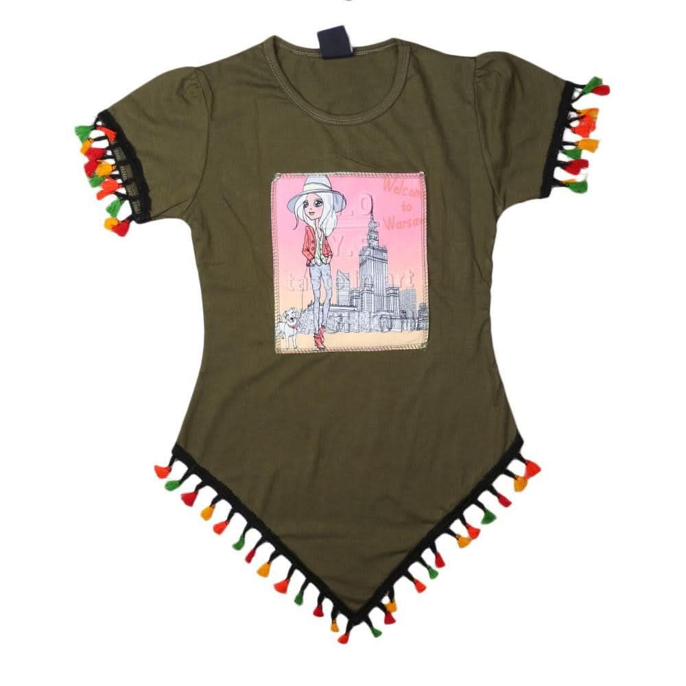 Girls Round Neck T-Shirt - Olive-Green - test-store-for-chase-value