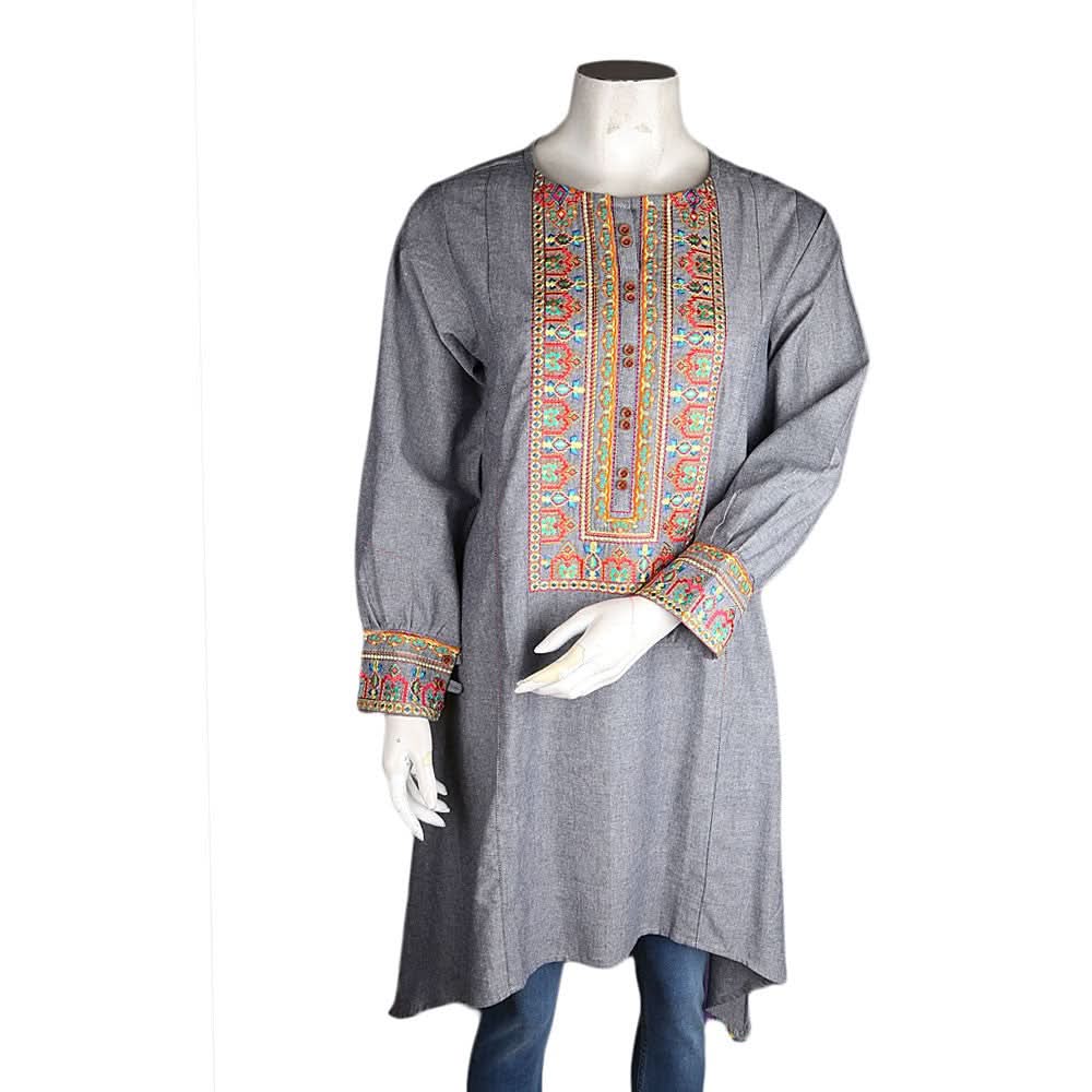 Women's Embroidered A-Line Kurti - Light-Grey - Light Grey - test-store-for-chase-value