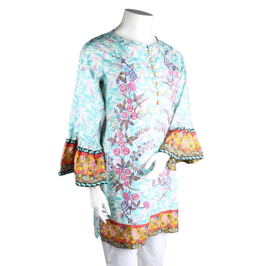 Women's Embroidered Lawn Kurti - Cyan - test-store-for-chase-value