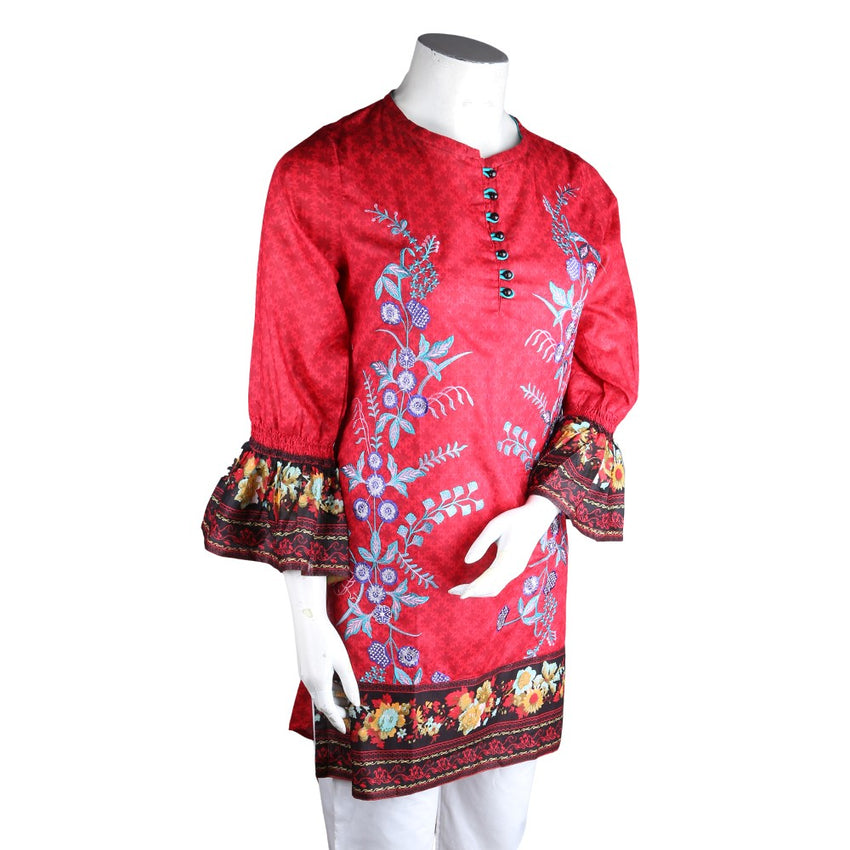Women's Embroidered Lawn Kurti - Red - test-store-for-chase-value