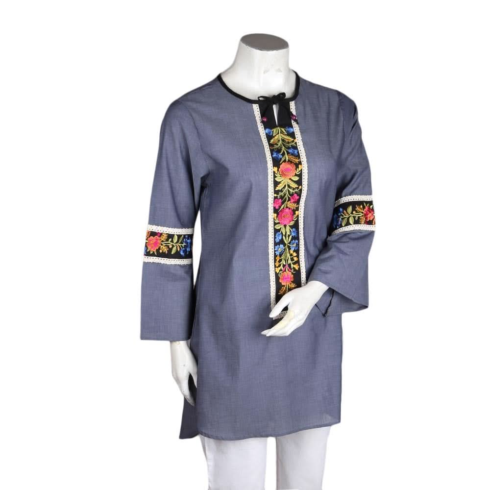 Women's Embroidered Kurti - Dark Grey - test-store-for-chase-value
