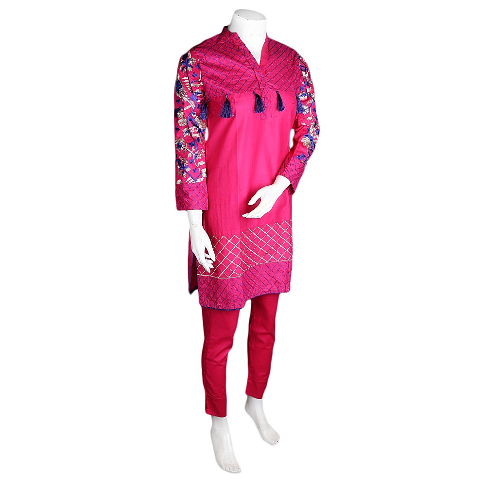 Women's Embroidered 2 Pcs Cotton Suit - Pink - test-store-for-chase-value