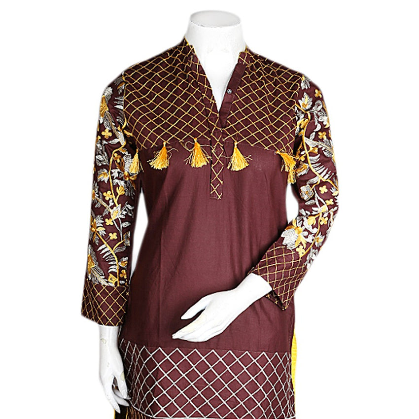 Women's Embroidered 2 Pcs Cotton Suit - Dark Brown - test-store-for-chase-value