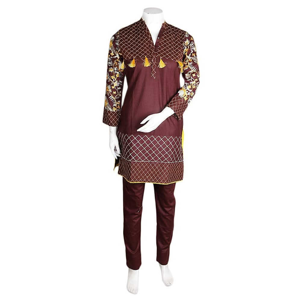 Women's Embroidered 2 Pcs Cotton Suit - Dark Brown - test-store-for-chase-value