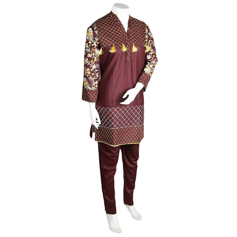 Women's Embroidered 2 Pcs Cotton Suit - Dark Brown - test-store-for-chase-value