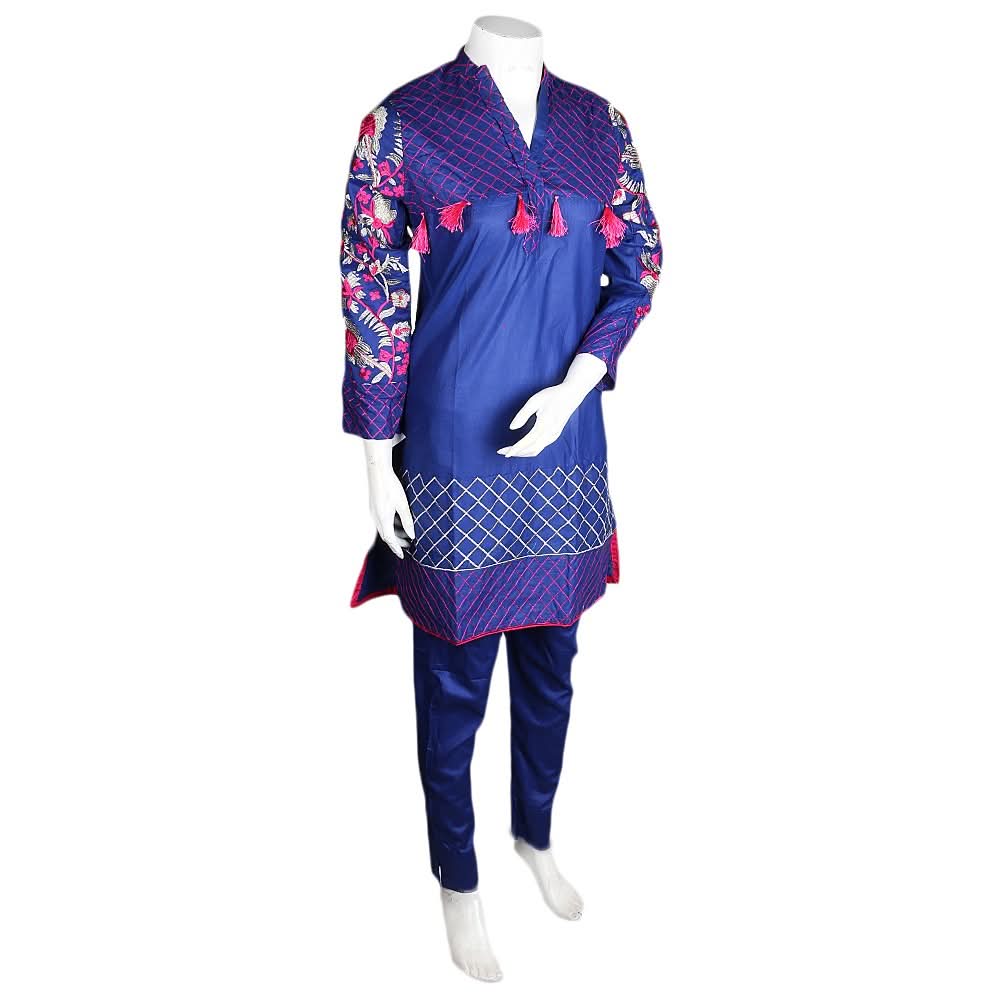 Women's Embroidered 2 Pcs Cotton Suit - Blue - test-store-for-chase-value