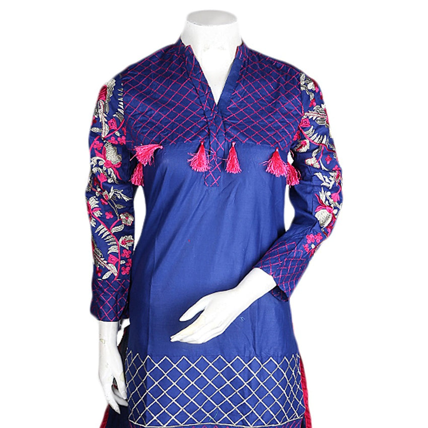 Women's Embroidered 2 Pcs Cotton Suit - Blue - test-store-for-chase-value