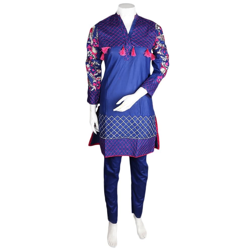 Women's Embroidered 2 Pcs Cotton Suit - Blue - test-store-for-chase-value