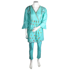 Women's Embroidered 2 Pcs Cotton Suit - Cyan - test-store-for-chase-value