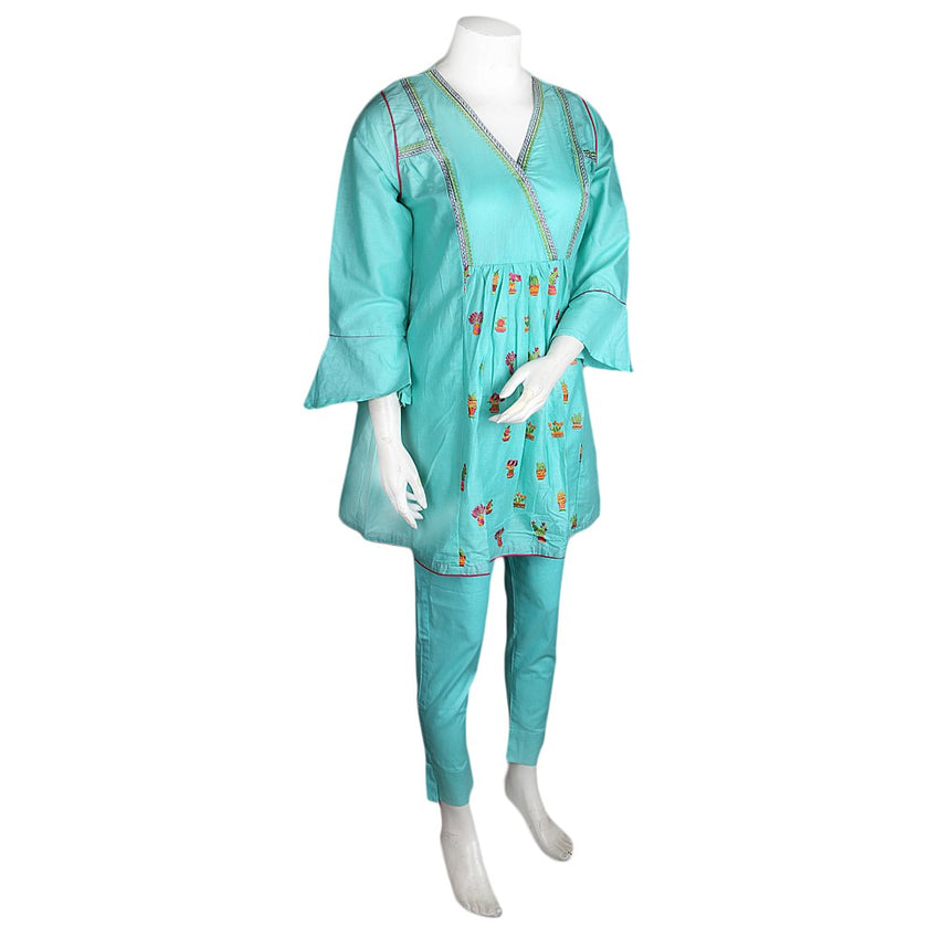 Women's Embroidered 2 Pcs Cotton Suit - Cyan - test-store-for-chase-value