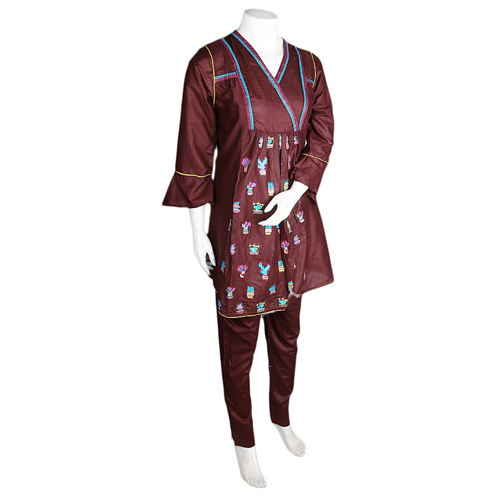 Women's Embroidered 2 Pcs Cotton Suit - Dark Brown - test-store-for-chase-value