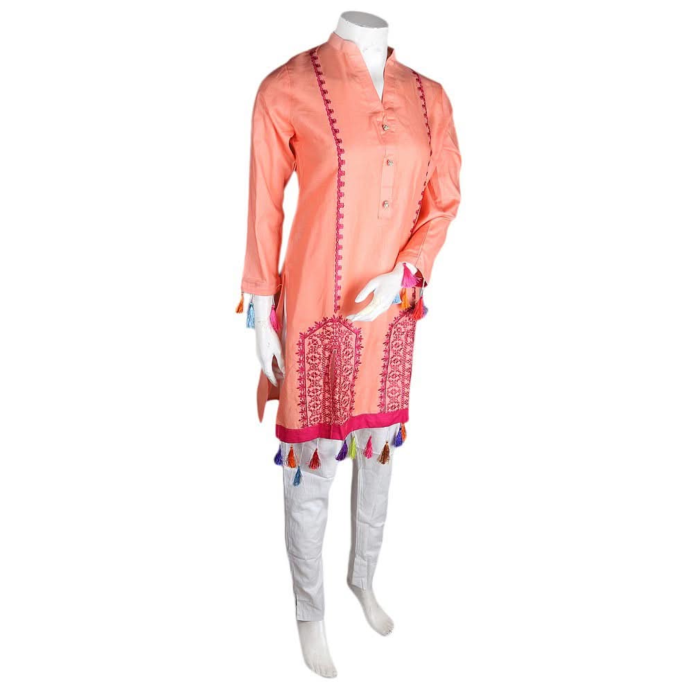 Women's Embroidered 2 Pcs Cotton Suit - Peach - test-store-for-chase-value