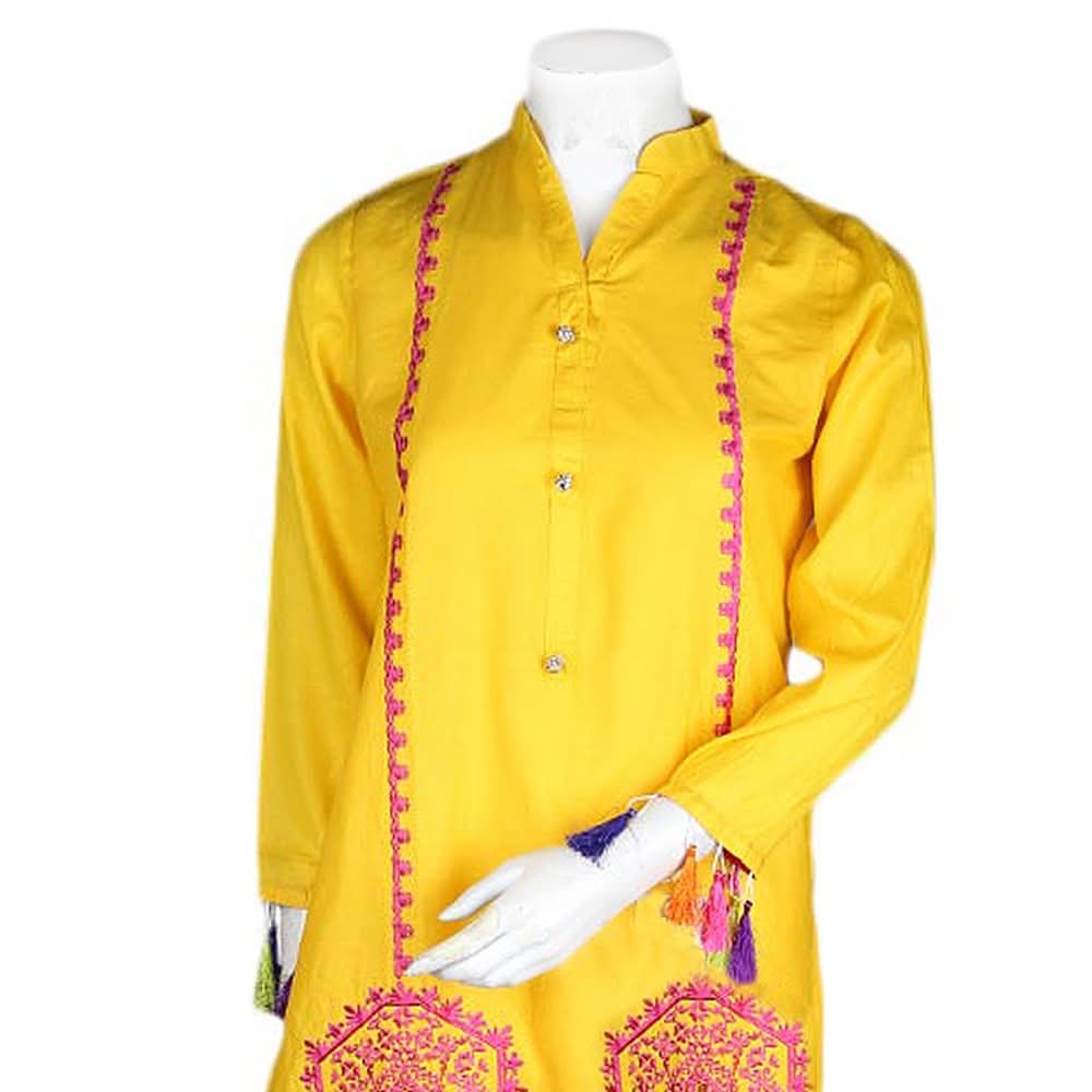 Women's Embroidered 2 Pcs Cotton Suit - Yellow - test-store-for-chase-value