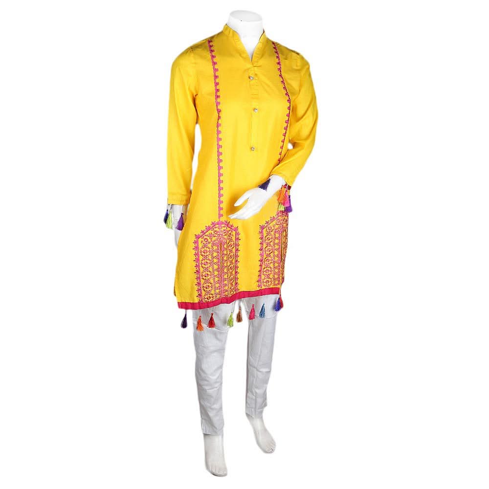 Women's Embroidered 2 Pcs Cotton Suit - Yellow - test-store-for-chase-value