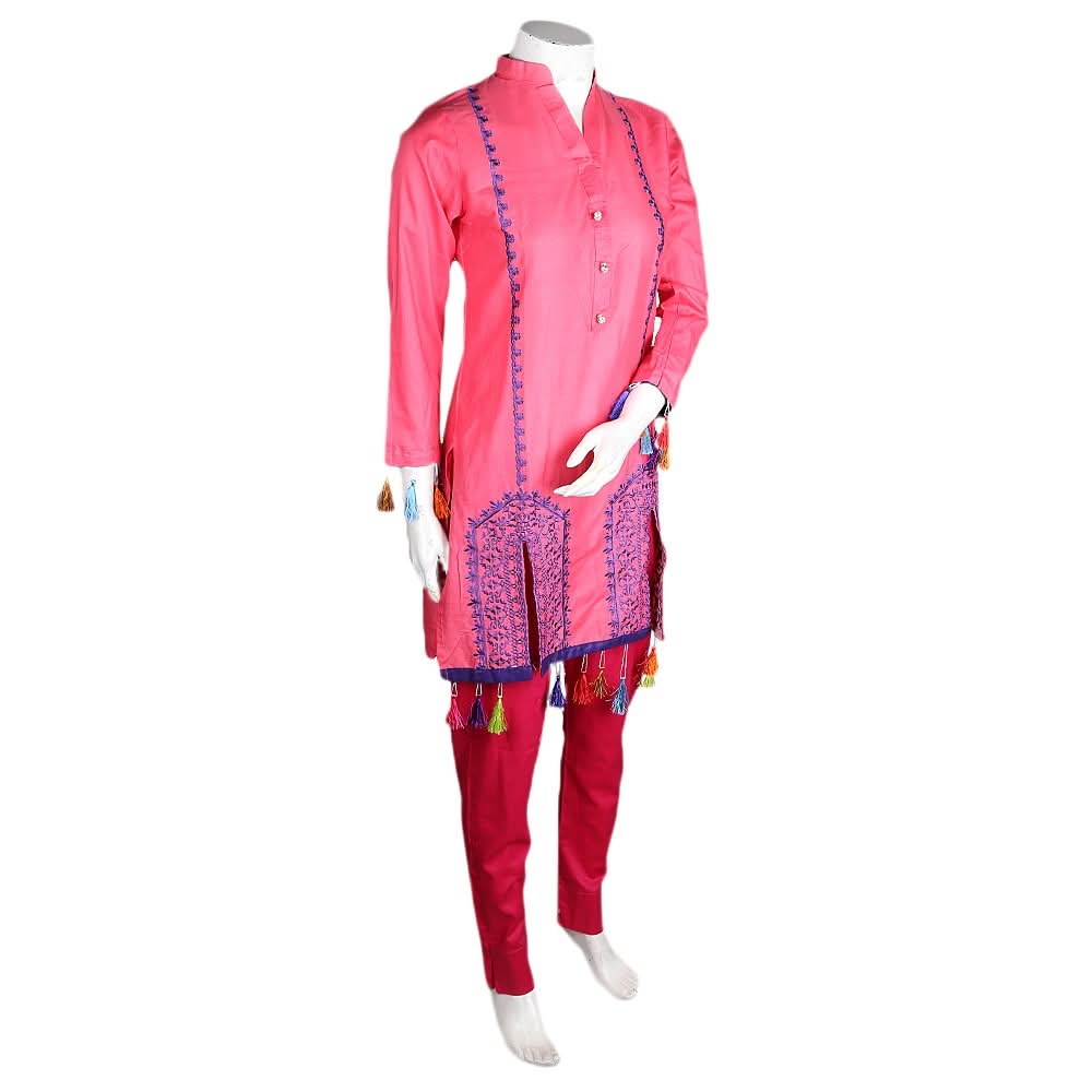 Women's Embroidered 2 Pcs Cotton Suit - Pink - test-store-for-chase-value
