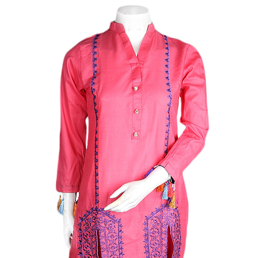 Women's Embroidered 2 Pcs Cotton Suit - Pink - test-store-for-chase-value