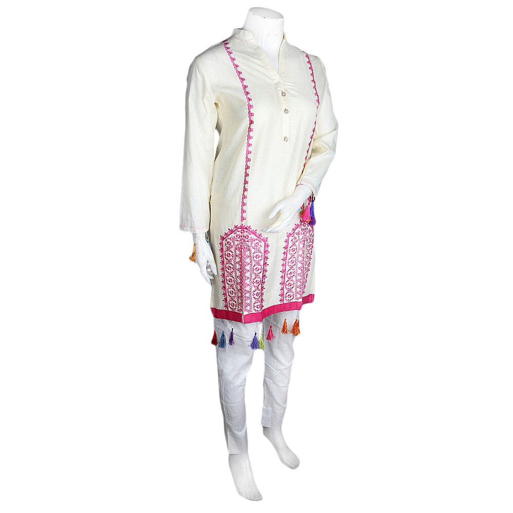 Women's Embroidered 2 Pcs Cotton Suit - Fawn - test-store-for-chase-value