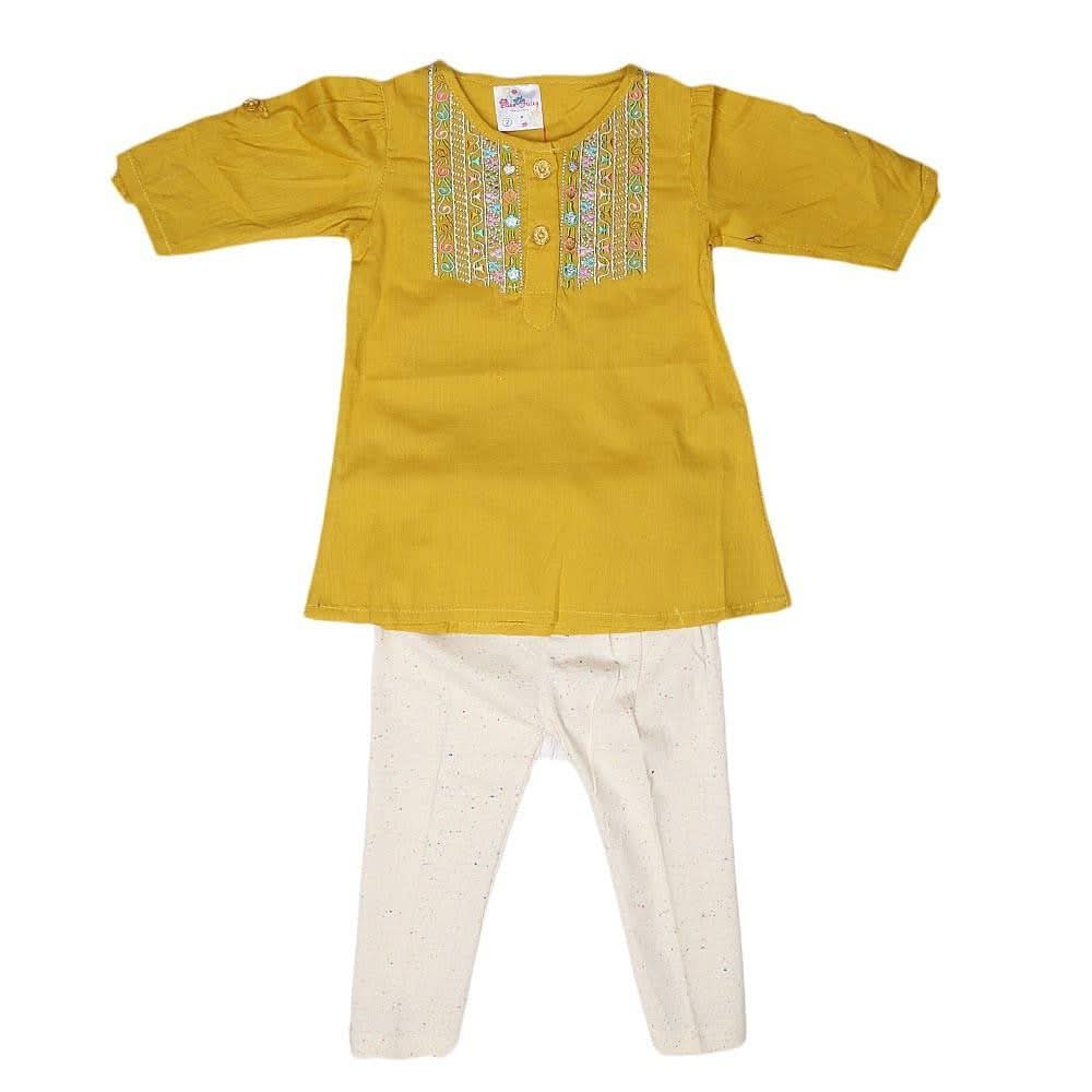 Newborn Girls Embroidered Frock Suit - Mustard - test-store-for-chase-value