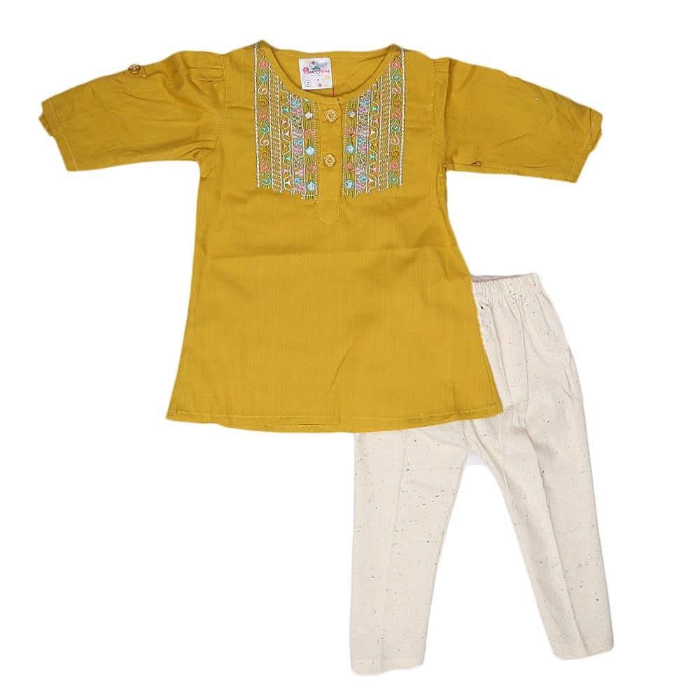 Newborn Girls Embroidered Frock Suit - Mustard - test-store-for-chase-value